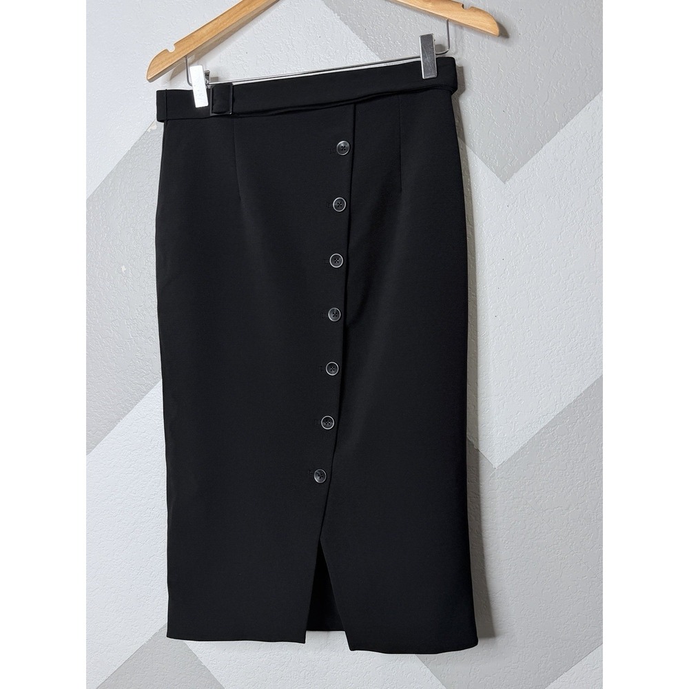 White House Black Market Womens 4 Black High Waist Button Pencil Midi Skirt Belt - Picture 5 of 11